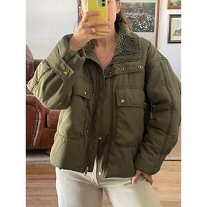 Pilcro Olive Green Cropped Puffer Jacket Sherpa Collar Size Small